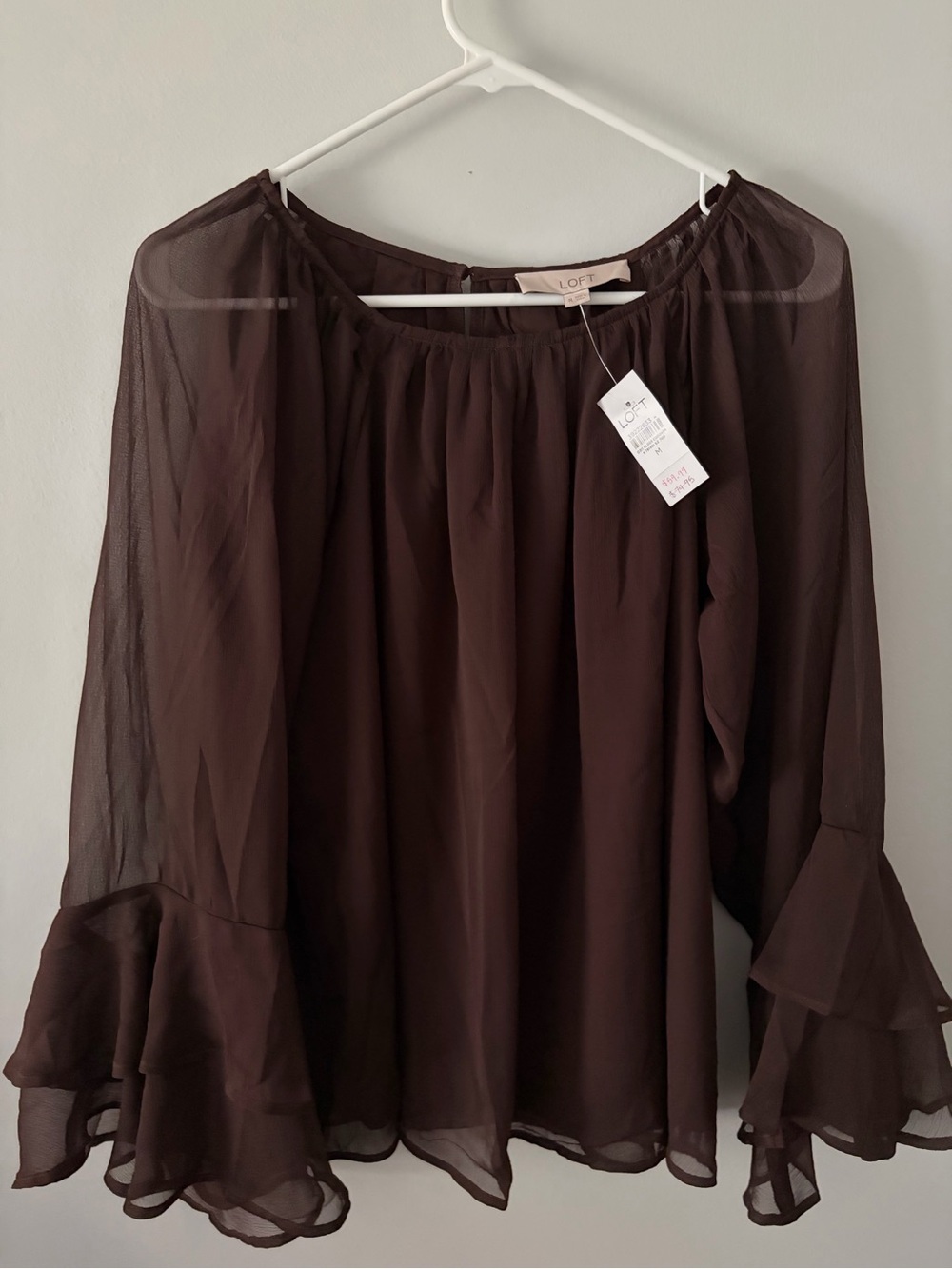 LOFT Chocolate Brown Sheer Ruffle-Sleeve Blouse
